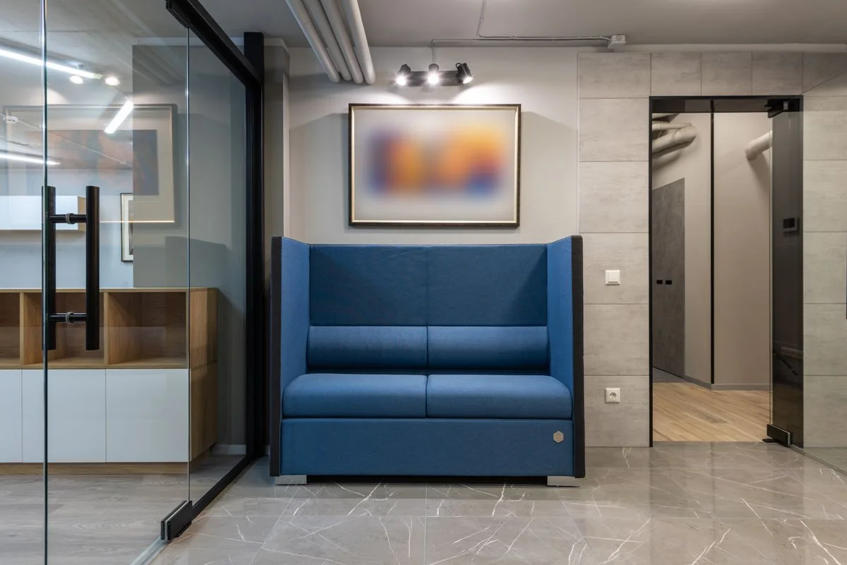 Commercial lobby with wood flooring