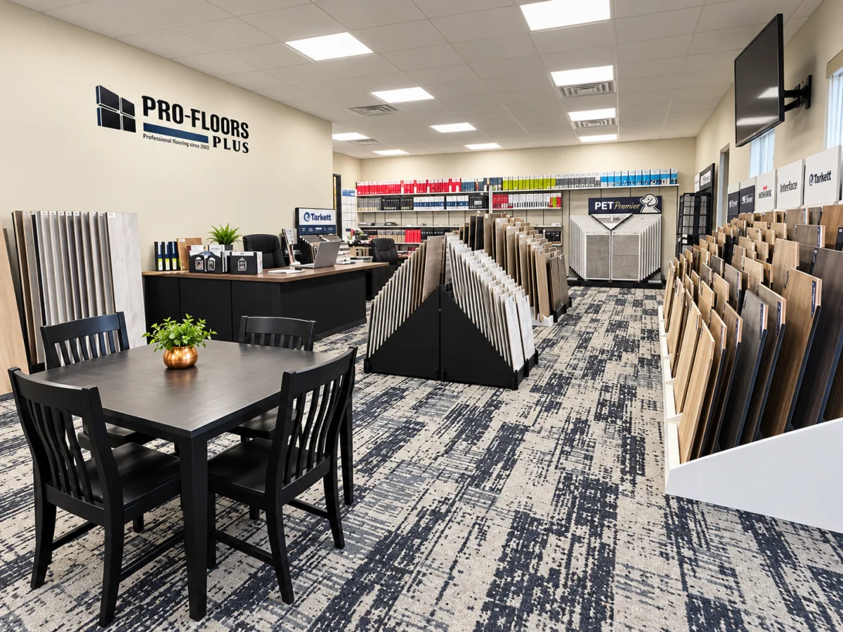 Pro-Floors Plus flooring contractor showroom with sample displays and a consultation table