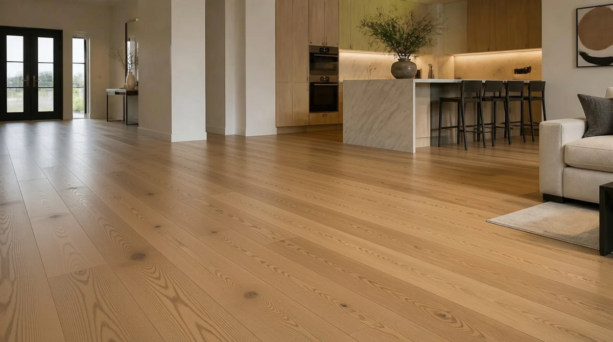 Wide-plank wood flooring in an open, modern home