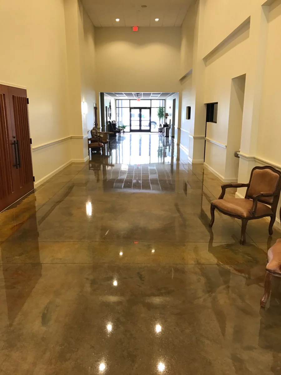Polished concrete floor in a building hallway