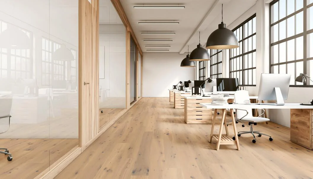 Engineered wood flooring in a bright, open office
