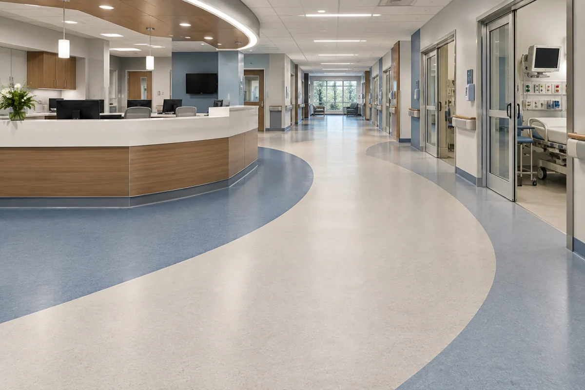 Resilient sheet flooring with a curved inlay in a healthcare corridor