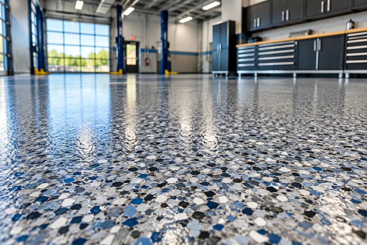 Flake resinous coating on a garage floor