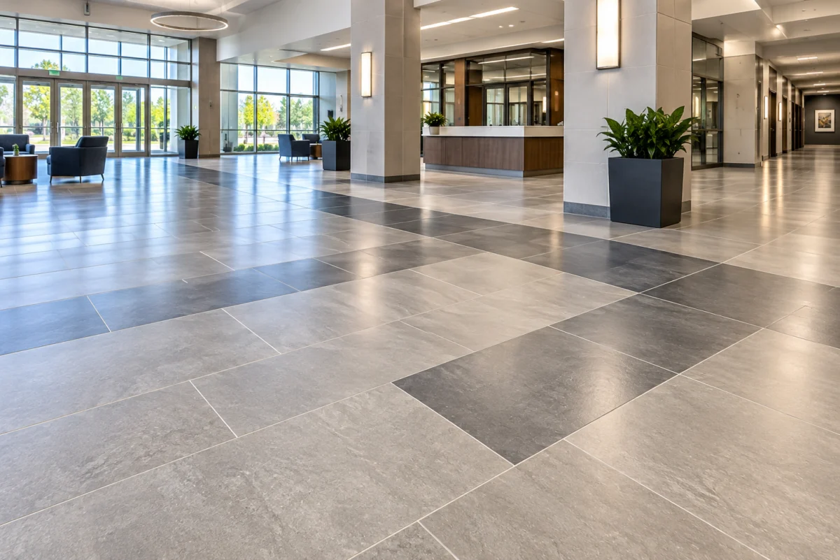 Large-format gray tile floor in a commercial lobby