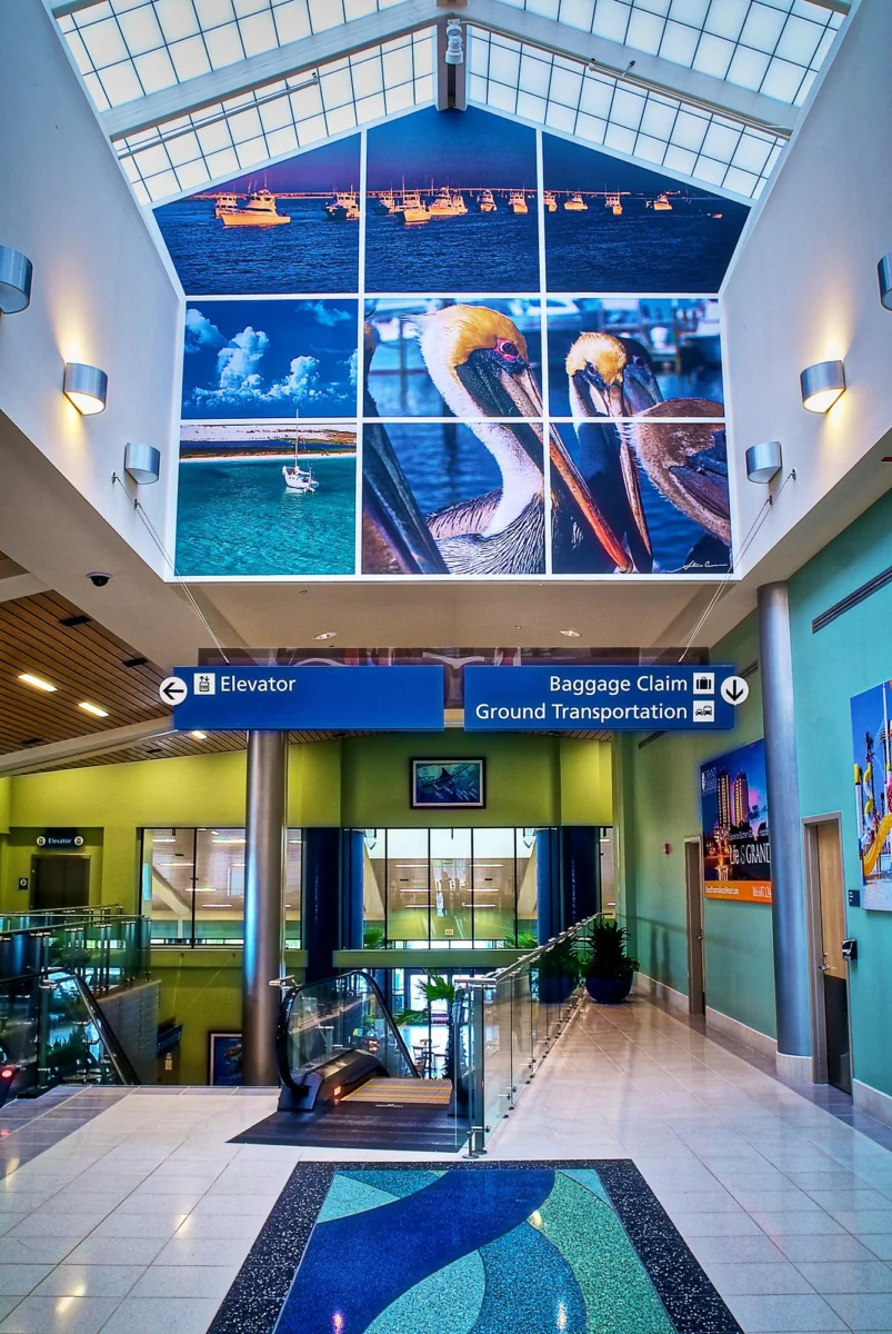 Airport terminal concourse with tile flooring