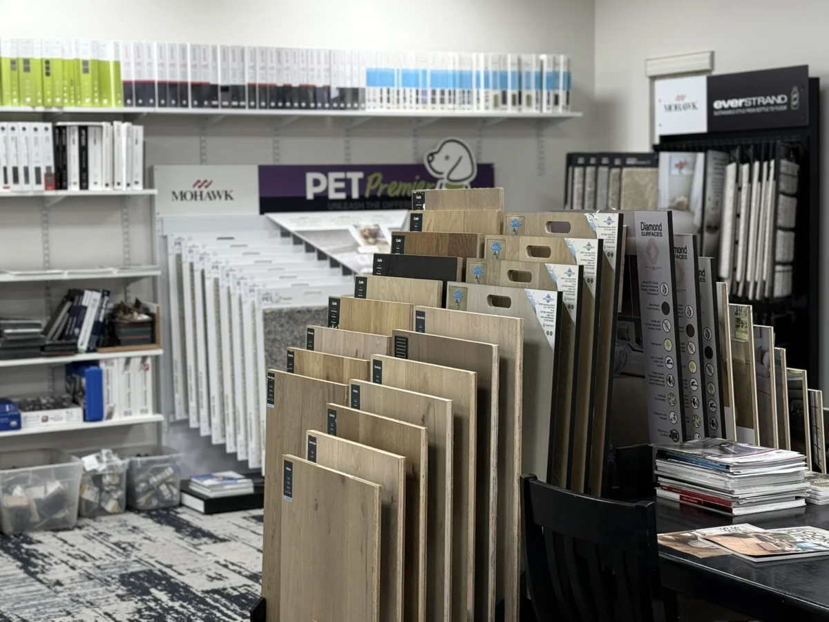 Flooring samples on display in the Pro-Floors Plus showroom